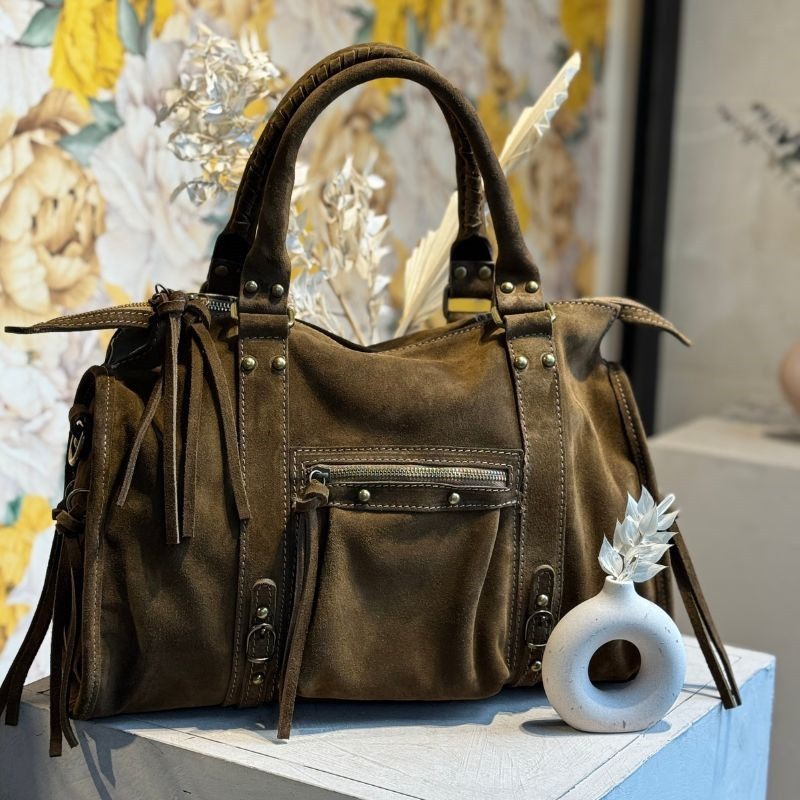Auren - Sac étudiant en cuir kaki daim