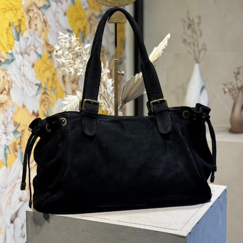 Auren - Sac polochon cuir souple daim noir