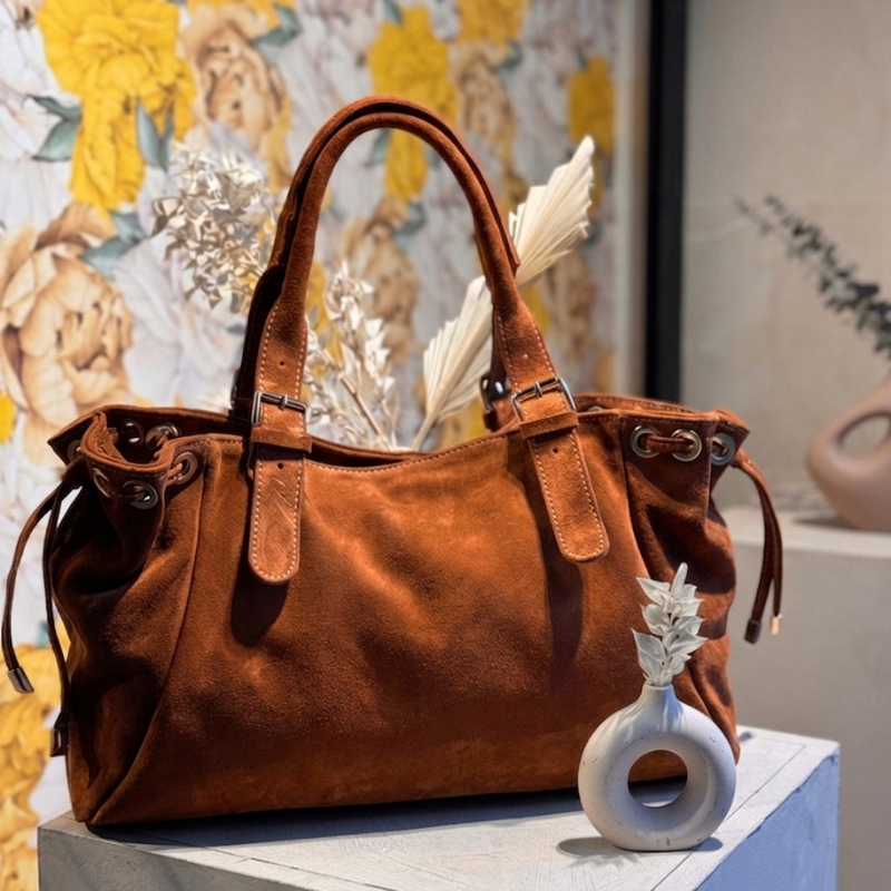 Auren - Sac polochon cuir souple daim cognac